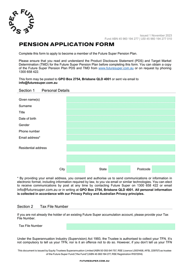 Pension Application Form screenshot