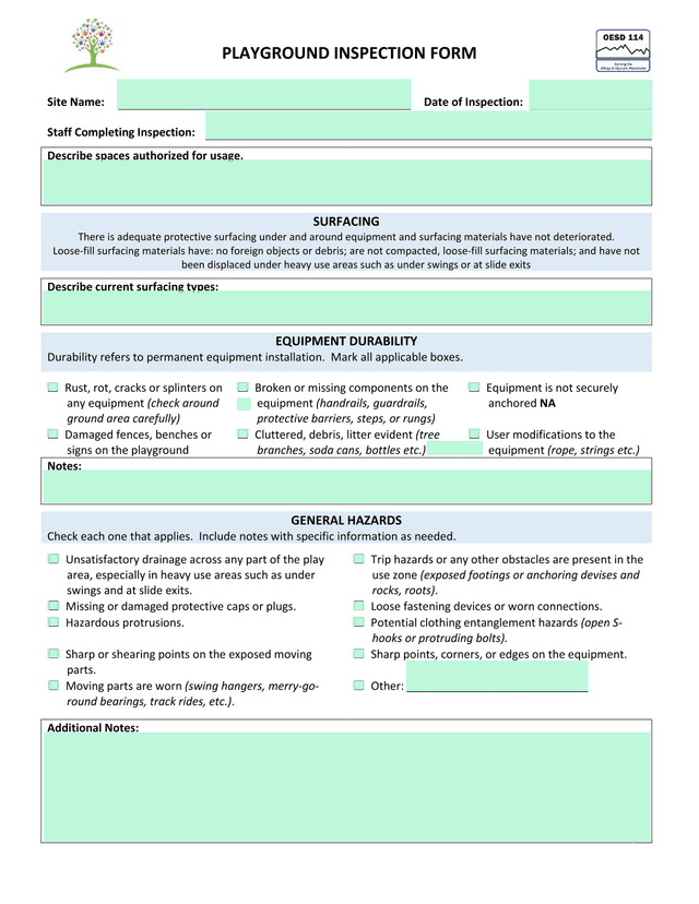 PLAYGROUND INSPECTION FORM screenshot