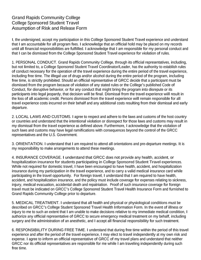 College Sponsored Student Travel Assumption Of Risk And Release Form screenshot