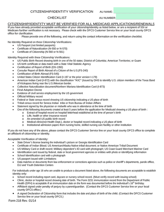 Form 218 Rev. 0114 CitizenshipIdentity Verification screenshot