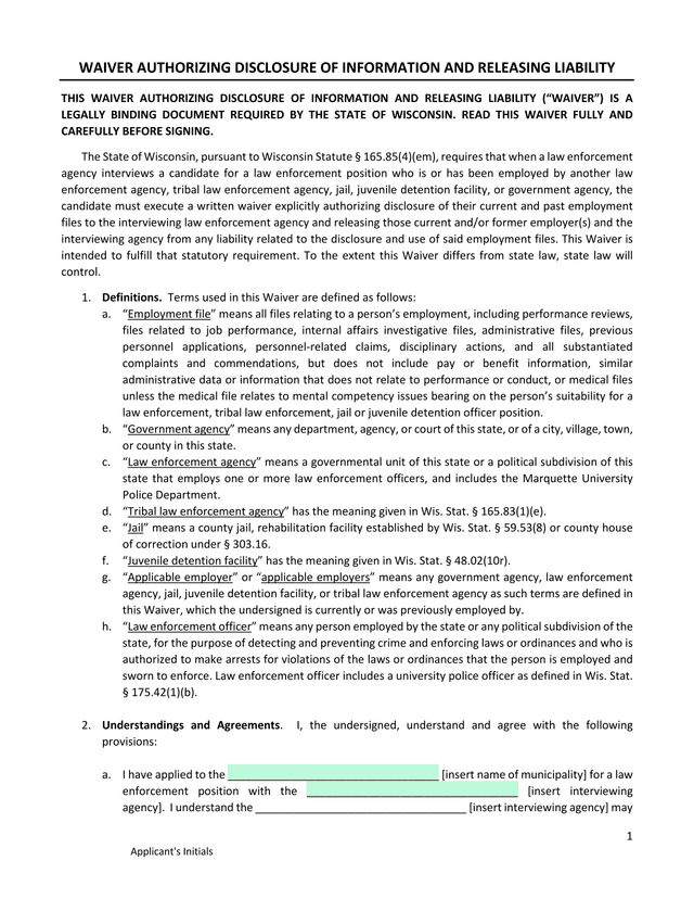 Waiver Authorizing Disclosure Of Information And Releasing Liability screenshot