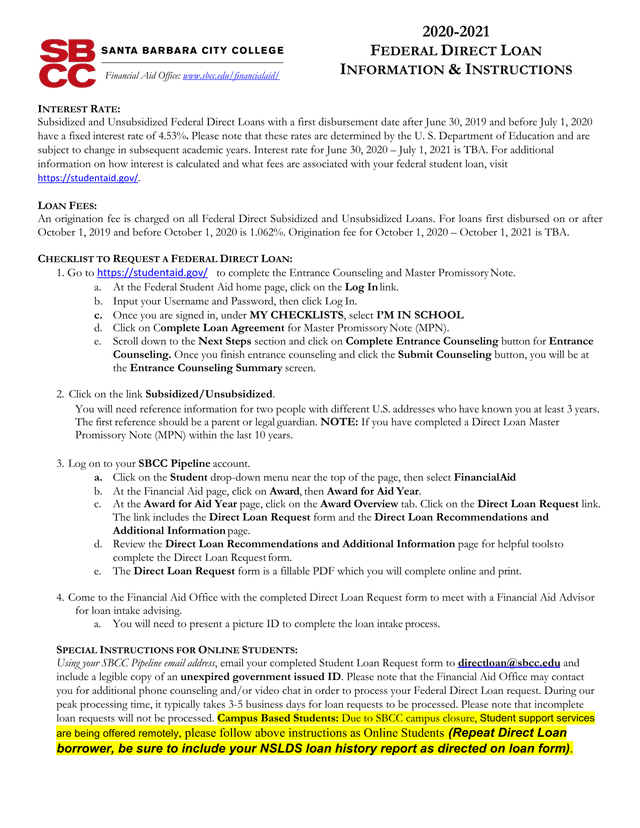 Federal Direct Loan Information Document screenshot