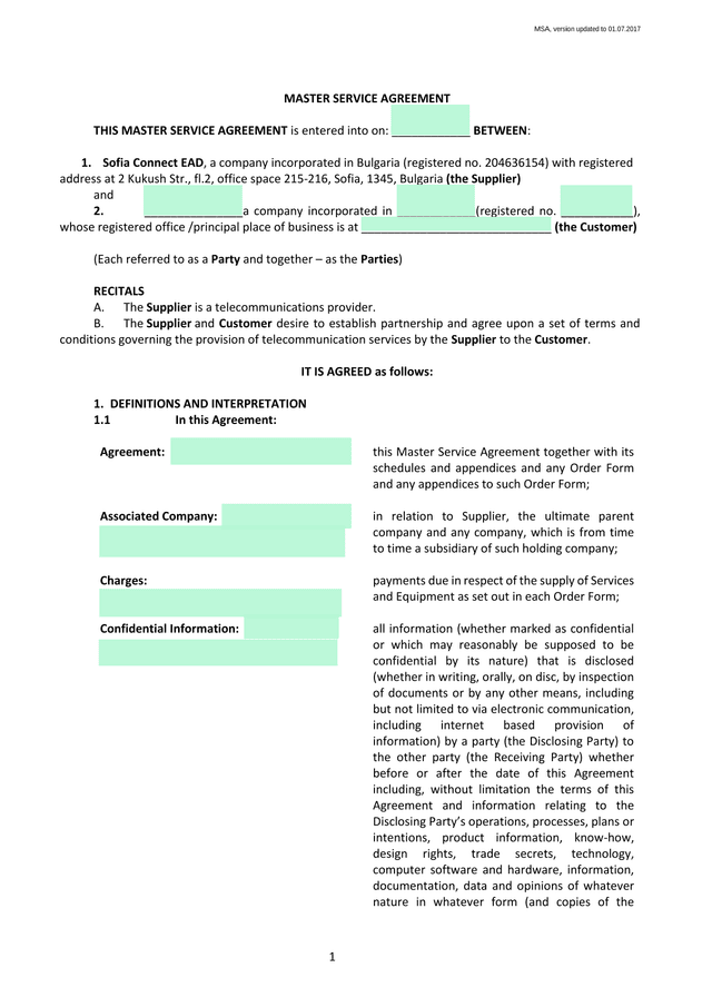 Master Service Agreement screenshot