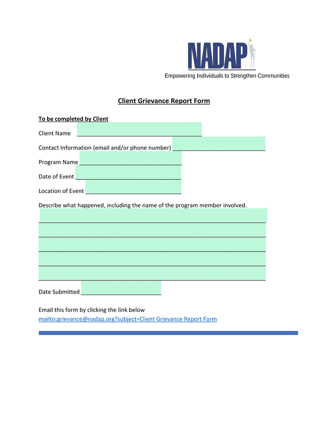 Client Grievance Report Form screenshot