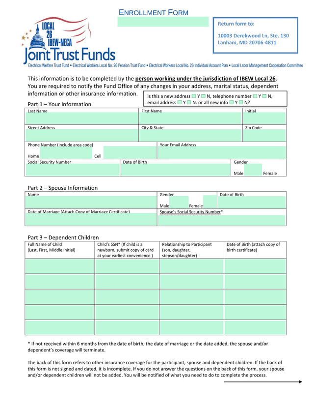 ENROLLMENT FORM screenshot