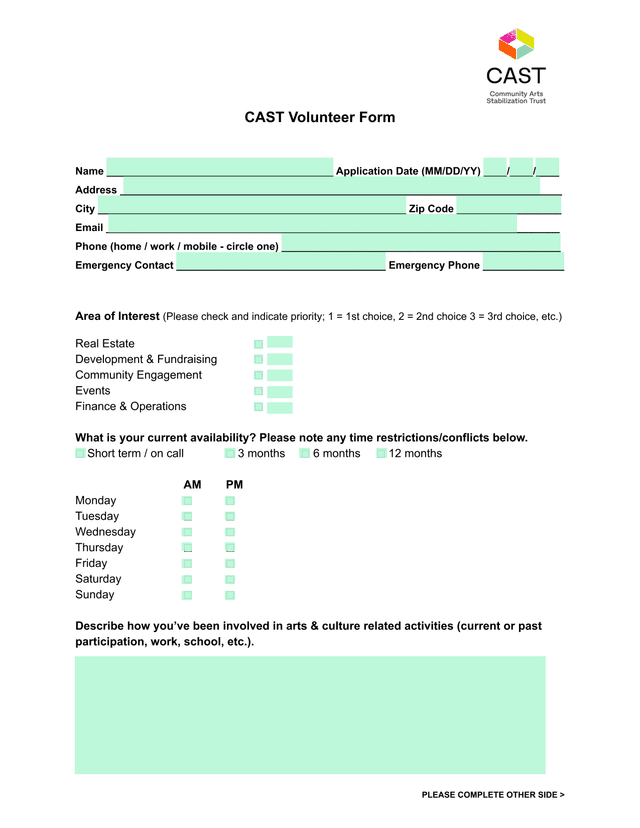 CAST Volunteer Form screenshot