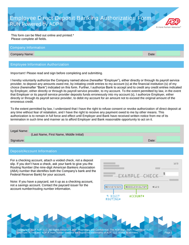 Employee Direct Deposit Banking Authorization Form screenshot