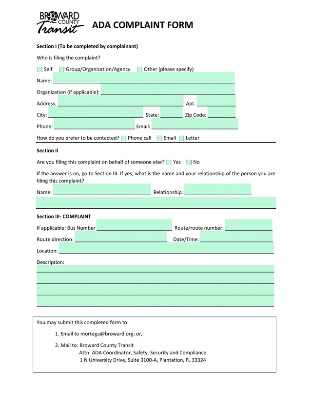 ADA Complaint Form screenshot