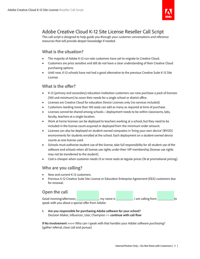 Adobe Creative Cloud K 12 Site License Reseller Call Script screenshot