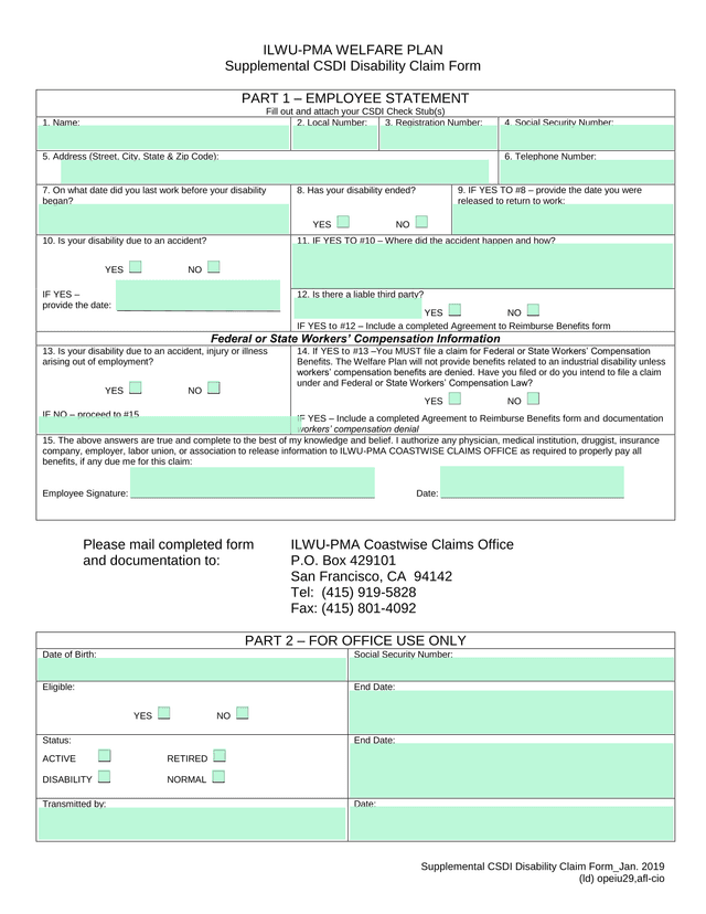 ILWU PMA Welfare Plan Supplemental CSDI Disability Claim Form screenshot