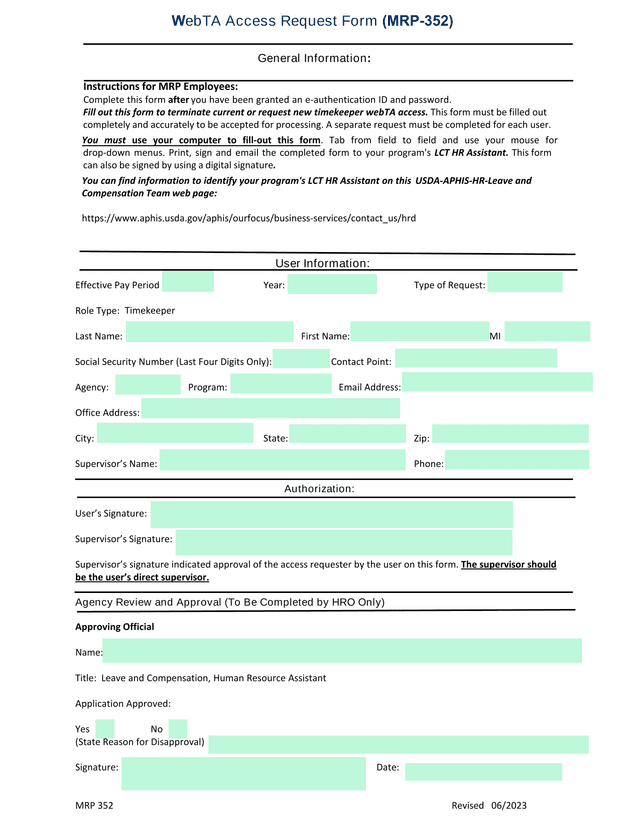 WebTA Access Request Form (MRP 352) screenshot