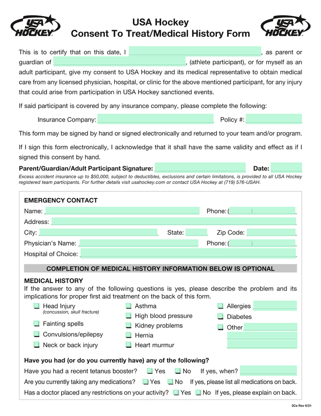 USA Hockey Consent To TreatMedical History Form screenshot