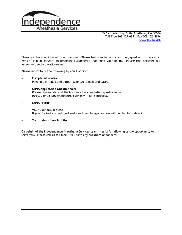 CRNA Application And Independent Contractor Agreement screenshot