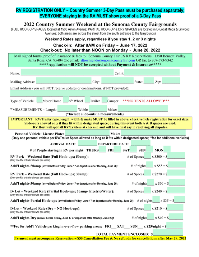 2022 Country Summer Weekend RV Registration screenshot