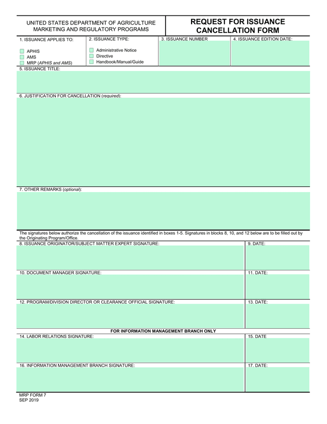 Request For Issuance Cancellation Form screenshot