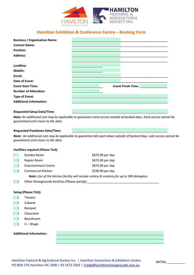 Hamilton Exhibition  Conference Centre  Booking Form screenshot