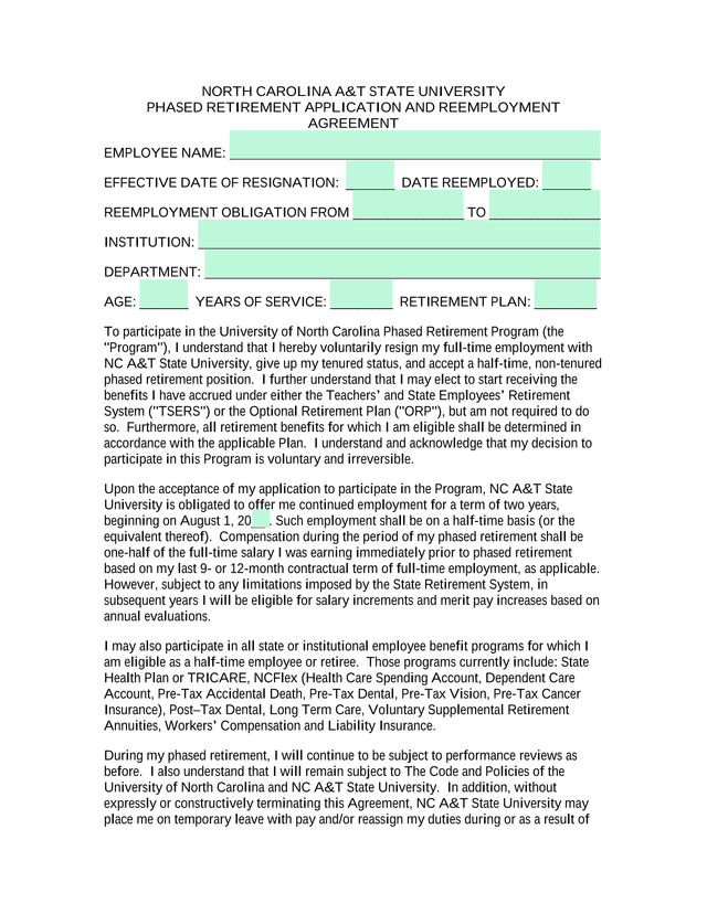 Phased Retirement Application And Reemployment Agreement screenshot