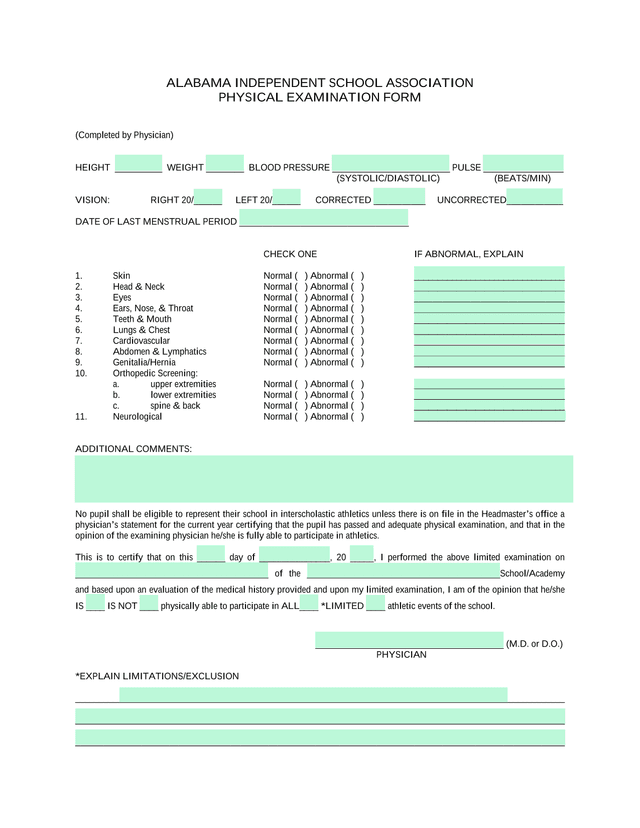 ALABAMA INDEPENDENT SCHOOL ASSOCIATION PHYSICAL EXAMINATION FORM screenshot