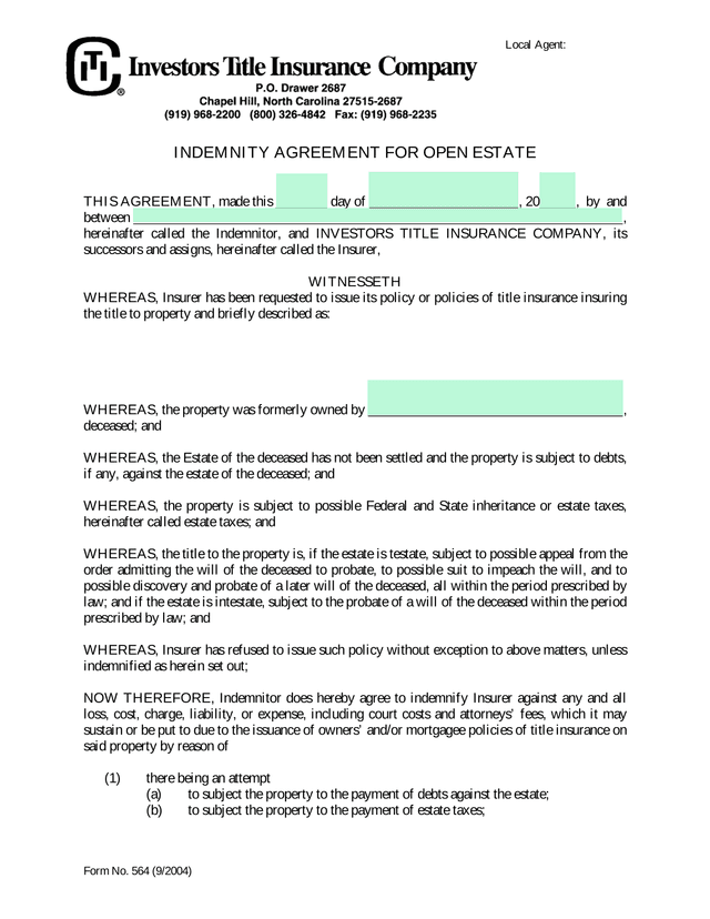 Form No. 564 (92004)   Indemnity Agreement For Open Estate screenshot