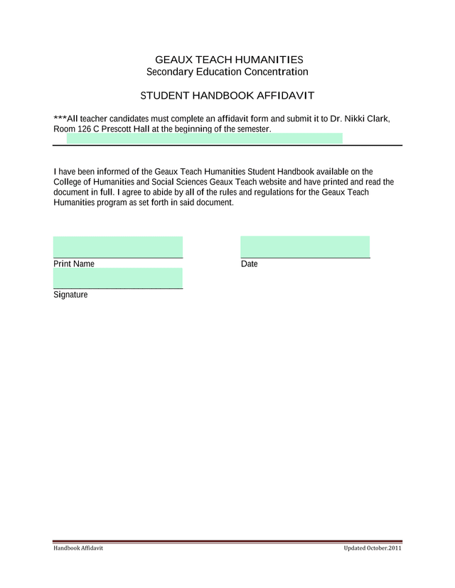 Geaux Teach Humanities Student Handbook Affidavit screenshot