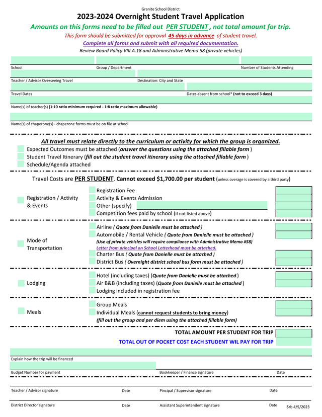 2023 2024 Overnight Student Travel Application screenshot