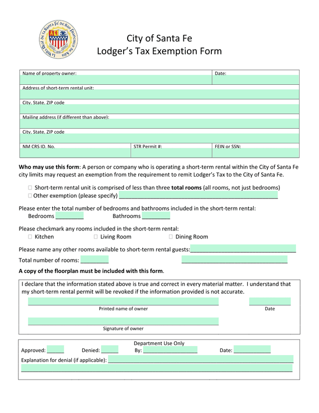 City Of Santa Fe LodgerS Tax Exemption Form screenshot