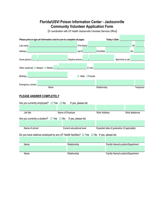 FloridaUSVI Poison Information Center   Jacksonville Community Volunteer Application Form screenshot