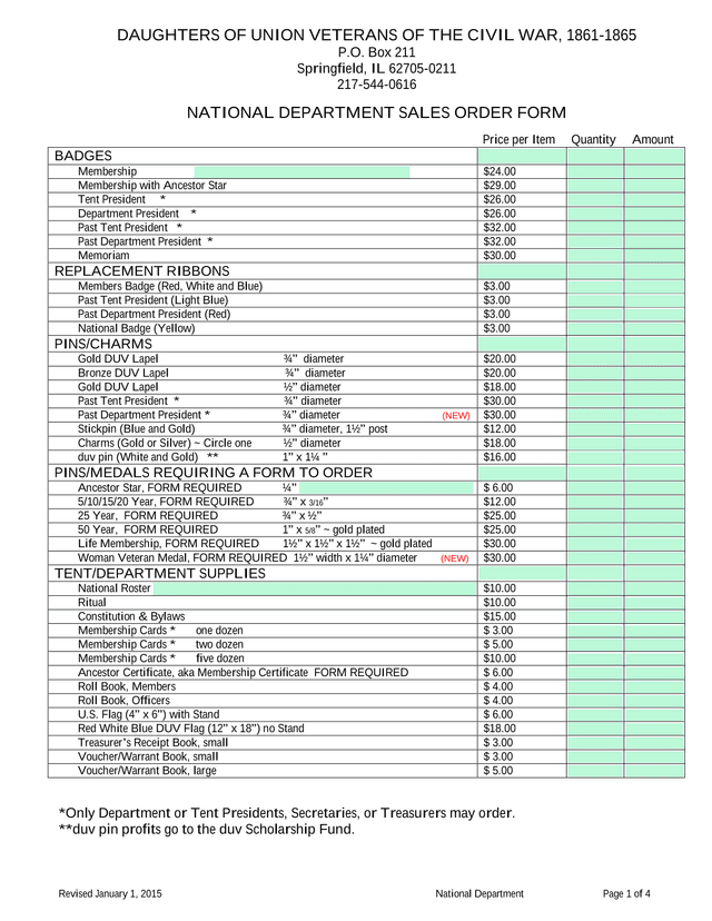 Daughters Of Union Veterans Of The Civil War National Department Sales Order Form screenshot