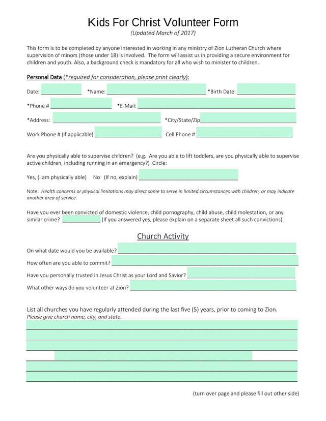 Kids For Christ Volunteer Form screenshot