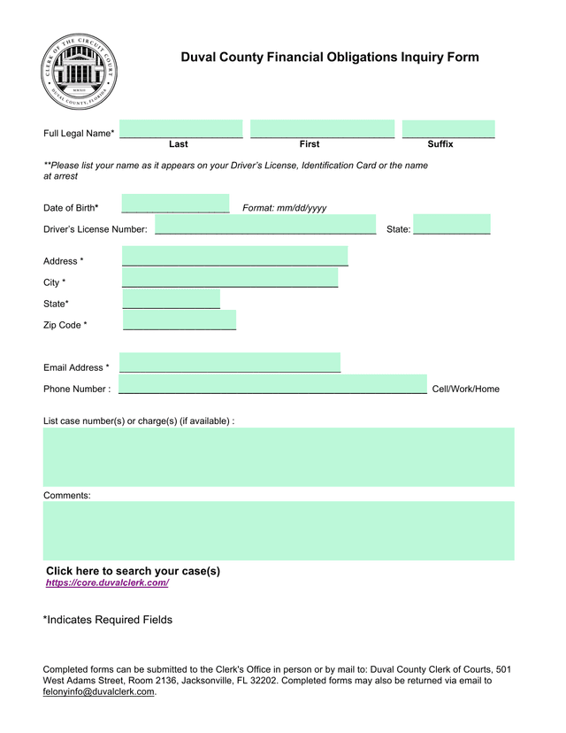 Duval County Financial Obligations Inquiry Form screenshot