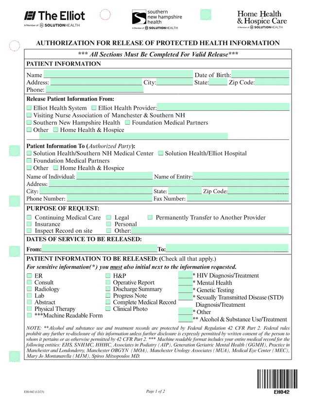 Authorization For Release Of Protected Health Information screenshot