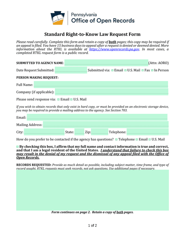 Standard Right To Know Law Request Form screenshot