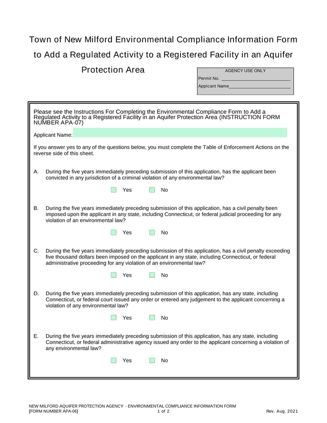 NEW MILFORD AQUIFER PROTECTION AGENCY  ENVIRONMENTAL COMPLIANCE INFORMATION FORM screenshot