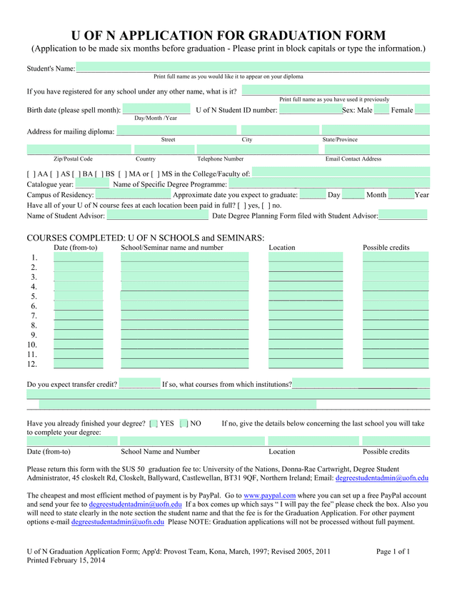 U Of N Application For Graduation Form screenshot