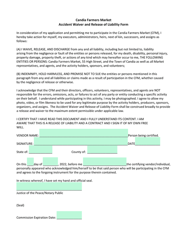 Candia Farmers Market Accident Waiver And Release Of Liability Form screenshot
