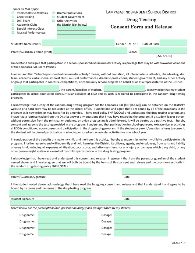 Lampasas Independent School District Drug Testing Consent Form And Release screenshot
