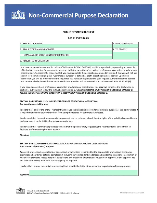 Non Commercial Purpose Declaration screenshot