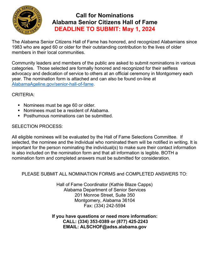 Alabama Senior Citizens Hall Of Fame Nomination Form screenshot