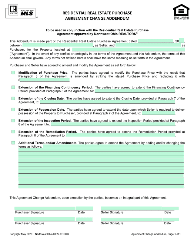 Residential Real Estate Purchase Agreement Change Addendum screenshot