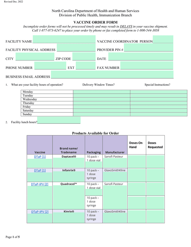 Vaccine Order Form screenshot