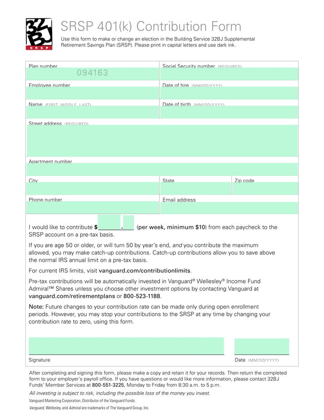 SRSP 401(K) Contribution Form screenshot