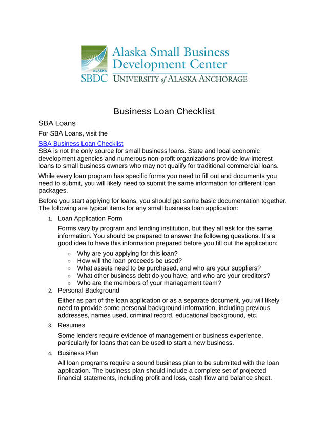Business Loan Checklist screenshot