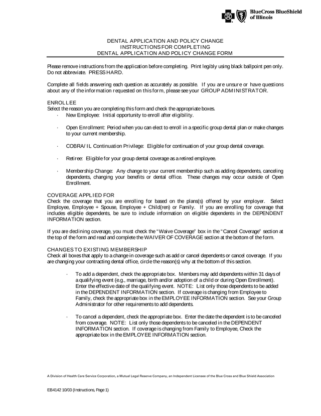 DENTAL APPLICATION AND POLICY CHANGE screenshot