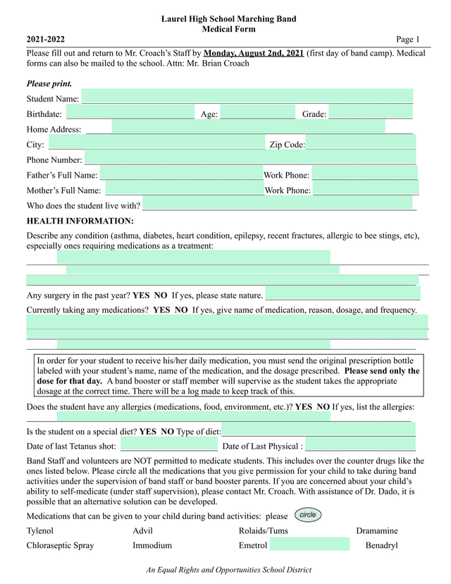 Laurel High School Marching Band Medical Form screenshot