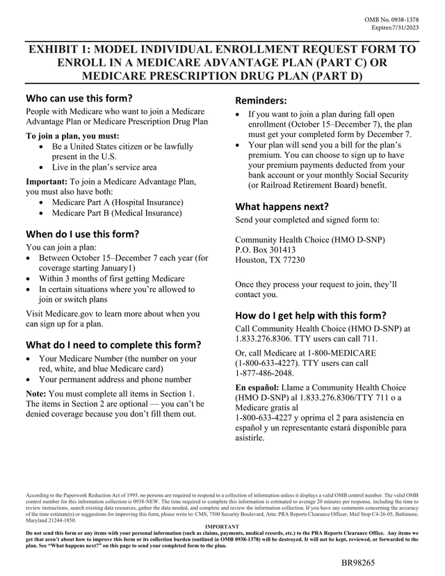 Exhibit 1 Model Individual Enrollment Request Form To Enroll In A Medicare Advantage Plan (Part C) O screenshot
