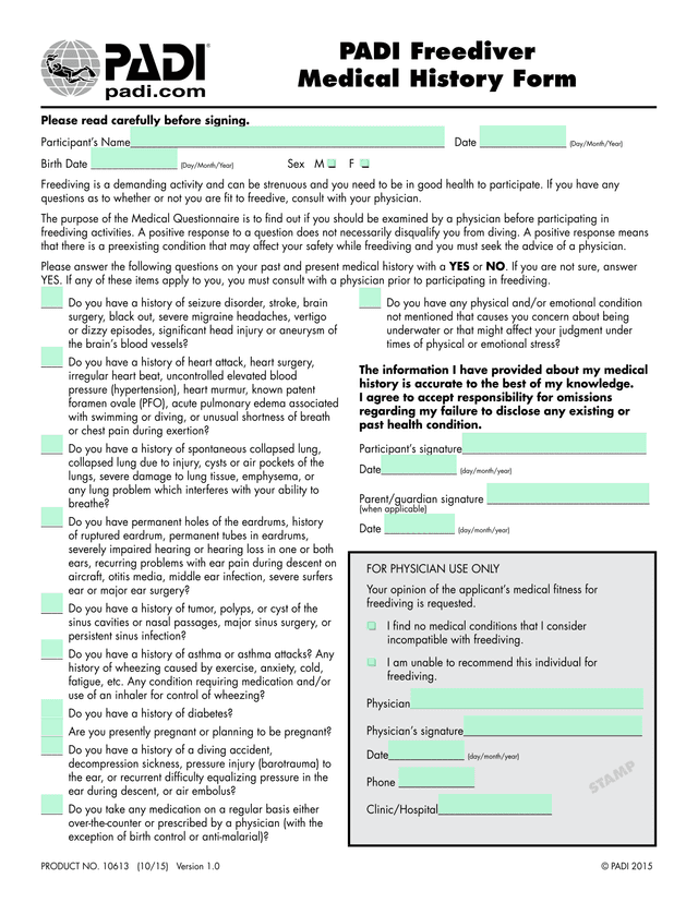 PADI Freediver Medical History Form screenshot