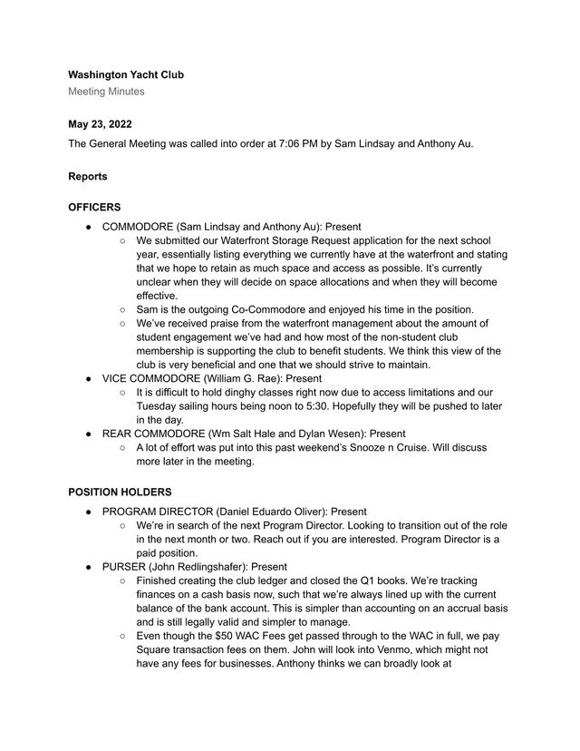Washington Yacht Club Meeting Minutes screenshot
