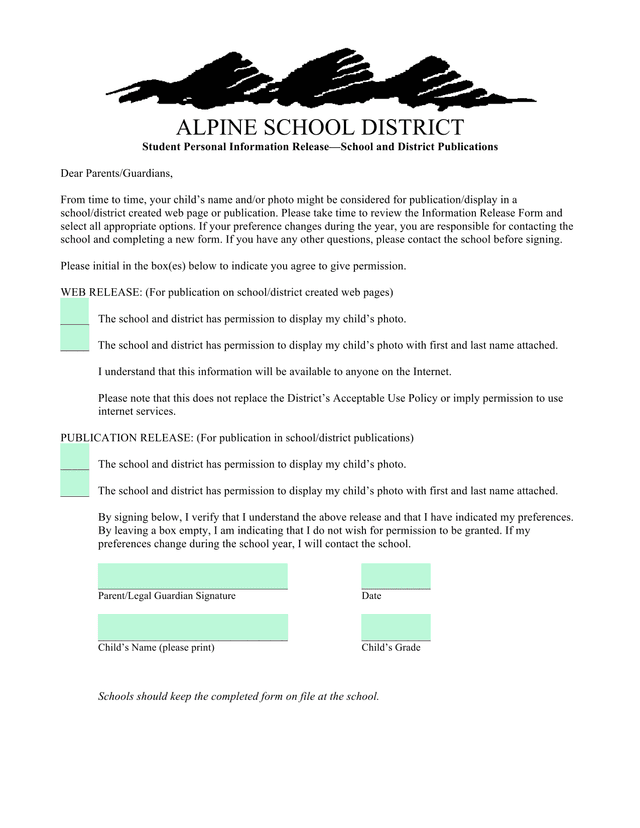 Student Personal Information ReleaseSchool And District Publications screenshot