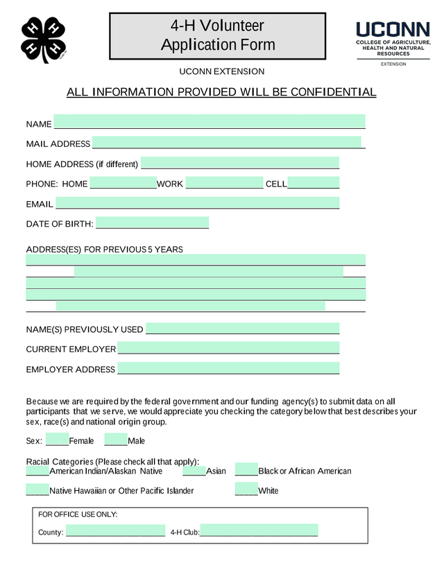 4 H Volunteer Application Form screenshot