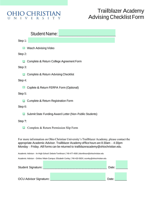 Trailblazer Academy Advising Checklist Form screenshot